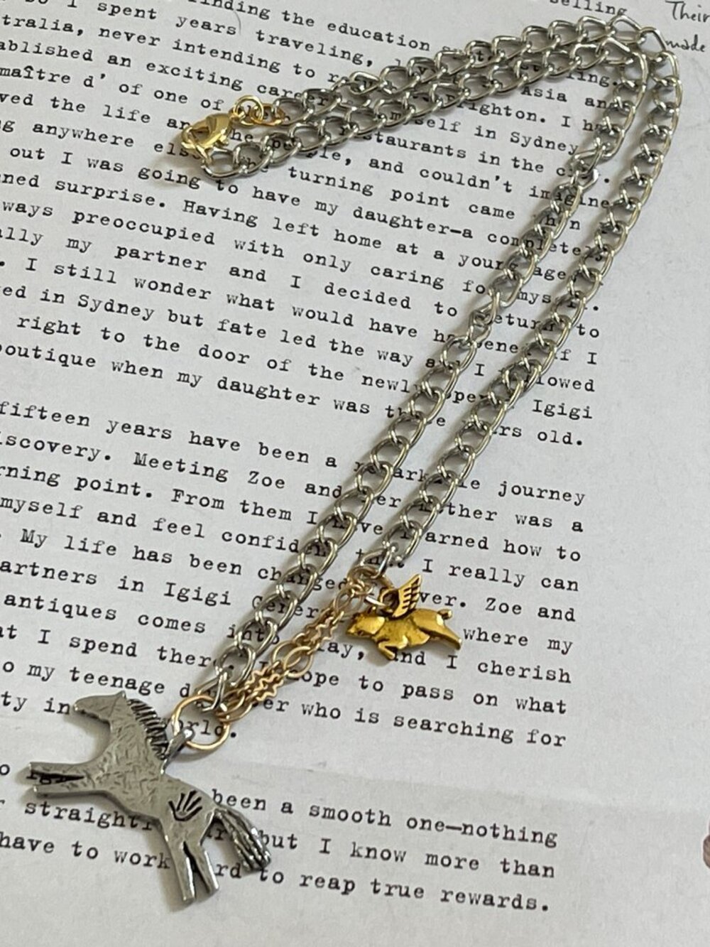 SUNDANCE "Flying Horse & Flying Pig" Silver and Gold Metal Mix Necklace: NWOT!